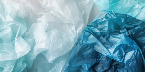 Crumpled blue and white plastic textures in abstract composition, garbage, bags, environmental protection, trash