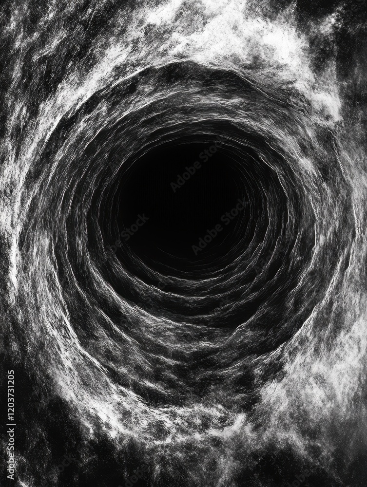 Poster abstract black and white vortex tunnel with textured layers.