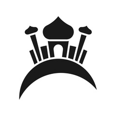 Mosque on crescent moon icon on white background. Flat design vector. Ramadan icon.
