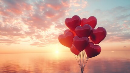 Fototapeta premium A Valentine's Day heart-shaped balloon bouquet, with balloons floating in a soft breeze against a pink sunset sky