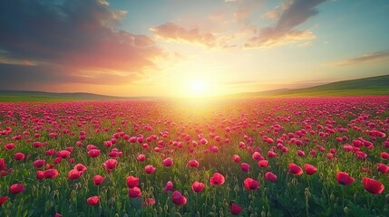 Vibrant sunset over field of red poppies in serene landscape. March 8, International Women's Day. Mother's Day