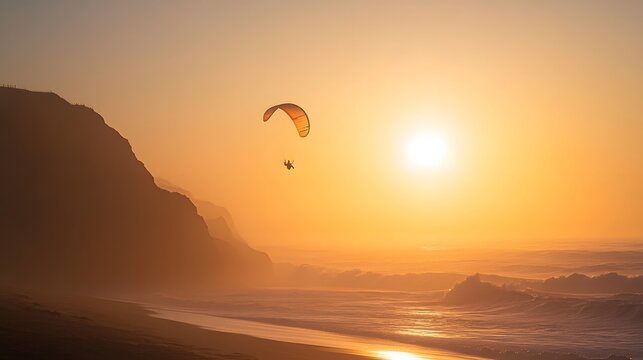 A parasailer silhouetted against the setting sun soaring high above the ocean.