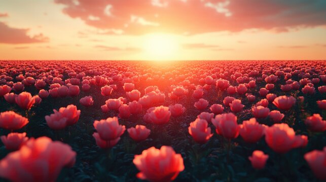 Vibrant sunset over a blooming tulip field in full bloom. Memorial Day, Remembrance Day, Veterans Day, ANZAC Day - National Day of Remembrance, Military Honor Day, Armed Forces Memorial