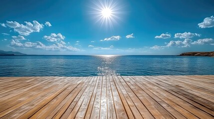 Fototapeta premium Tranquil ocean view with sunlit wooden dock and clear blue sky