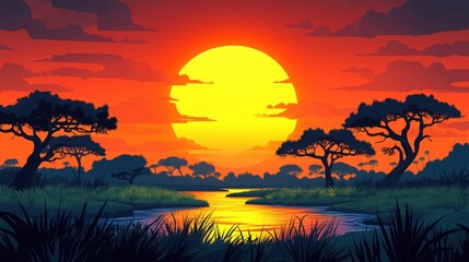 African Sunset over River with Trees and Sky, Stylized Vector Art, Generated AI