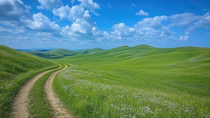Obraz premium Rolling green hills and cloudy blue sky on a sunny day
