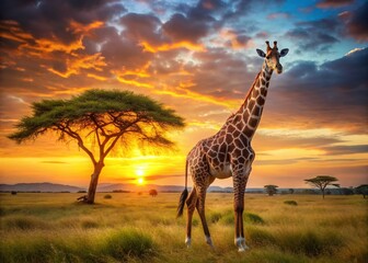 Hilarious Giraffe in Serengeti Landscape: Funny Animal Photo