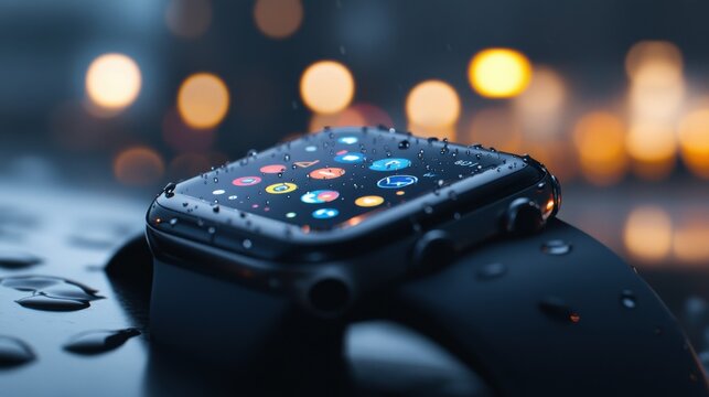 Sleek smartwatch glows against glossy surface in rainy night city atmosphere