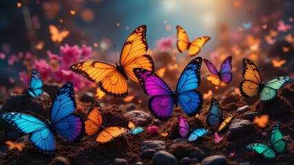 The butterflies are in various shades of blue, orange, and pink