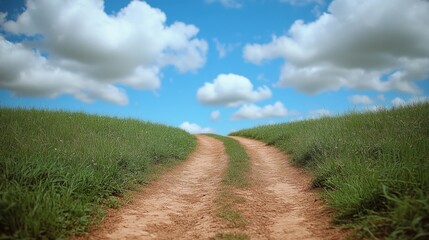 Dirt path through green field under blue sky with fluffy clouds