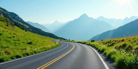 Fototapeta premium Serene Winding Asphalt Road Through Lush Green Mountain Meadow Under a Bright Sunny Sky