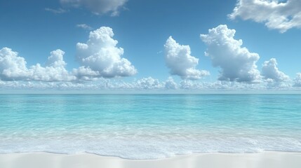Fototapeta premium Serene beach with clear blue water and fluffy white clouds under a bright sky