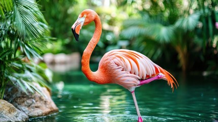 Fototapeta premium A striking flamingo standing in calm shallow water, surrounded by reflections, soft ripples, and lush wetland vegetation, creating a peaceful natural scene.