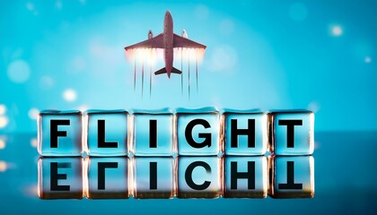 航空便飛行機のフライトを意味する英単語のFLIGHTの文字が書かれたキューブブロック。背景は飛行機。 aiで生成