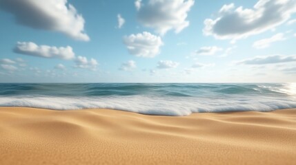 Fototapeta premium Sandy beach with gentle waves under a cloudy blue sky