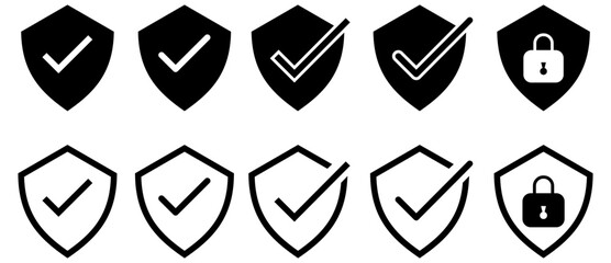 Shield check mark icon and shield lock icon privacy symbol - security shield protection icon with tick symbol. 