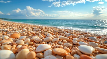 Sunny beach with seashells and calm waves under clear blue sky