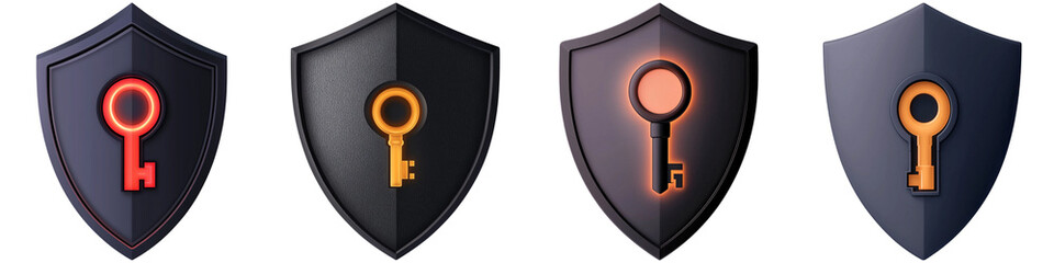 Cyber security and sleek, Four shield-like icons featuring keys in varying colors, representing security and access.