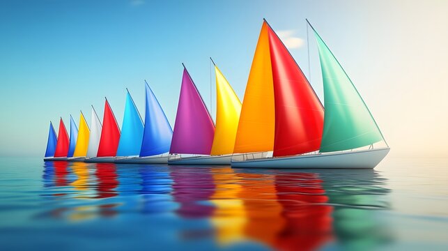A row of colorful sailboats racing in a regatta their sails billowing in the wind.
