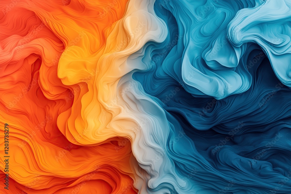 Poster vibrant abstract patterns blend warm orange and cool blue hues, creating a dynamic visual flow with 