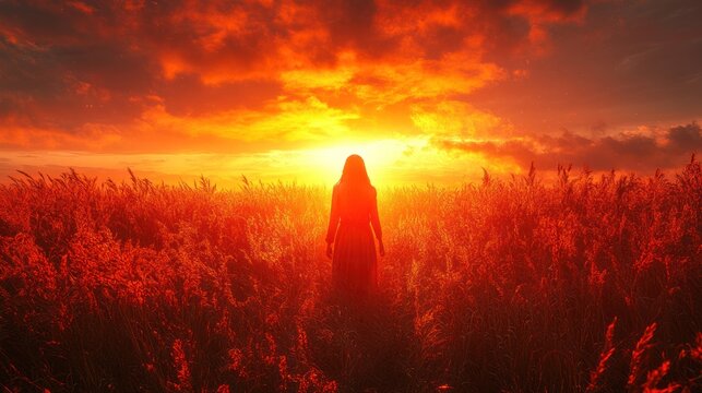 Silhouette of a woman in a flowing dress standing in a vibrant sunset over a golden field