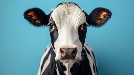 Close-up of a black and white cow against a blue background