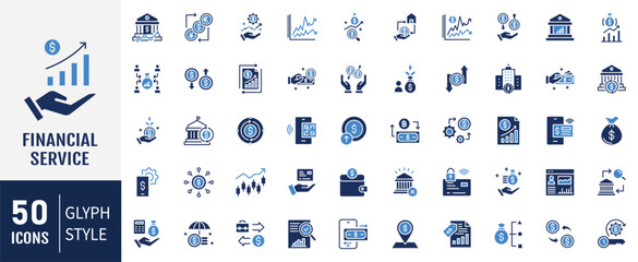 Financial service flat icon set. Containing bank, money, wealth management, insurance, foreign exchange, mutual funds icon. Vector illustration