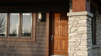 Modern House Exterior: Stone and Wood Design. Real Estate Photography. Contemporary Home Architecture. Luxurious Home Facade