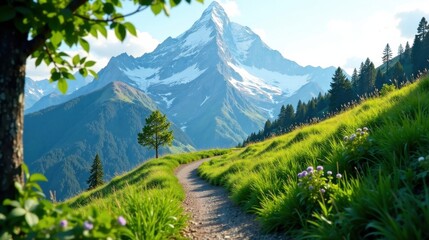 Fototapeta premium Serene Mountain Path Winding Through Lush Alpine Meadows Towards Majestic Peak