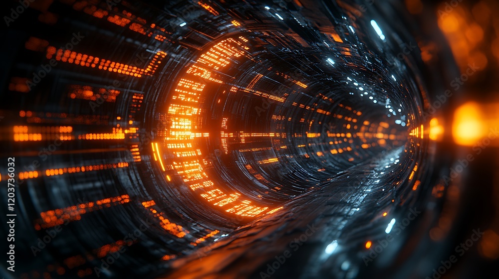 Poster digital tunnel: an abstract representation of a digital tunnel, with glowing orange and blue lights,