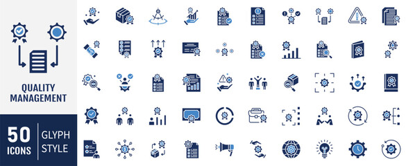Quality management flat icon set. Containing assurance, product, service, improvement, achieve, planning, customer icon. Vector illustration