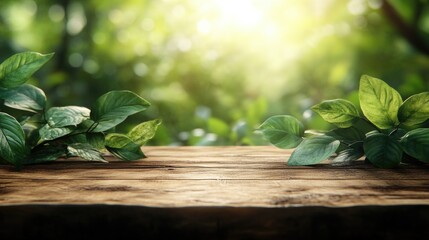 Sunlit wooden table with green leaves in natural setting