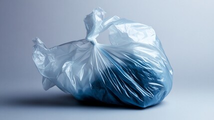 A studio shot of a translucent plastic bag filled with dark colored clothes