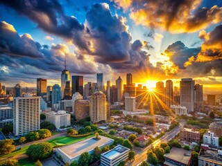 Fototapeta premium Hopeful City Sunrise: Candid Urban Life & Sunlight Through Clouds