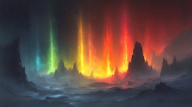 Spectral Lightscape: An otherworldly landscape, bathed in the ethereal glow of spectral lights emanating from the ground, casting an otherworldly ambiance on the rocky terrain. 