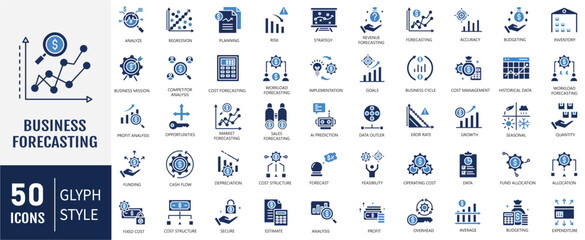 Business forecasting icon set. Containing prediction, analyze, data, trend, budgeting, accuracy, strategy icon. Vector illustration