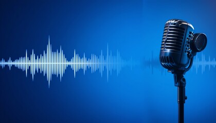 Microphone with waveform on blue background, broadcasting or podcasting banner