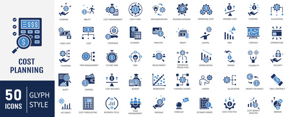 Cost planning solid icon set. Containing icons: budget, expense, estimate, investment, allocation, funding and more. Vector illustration
