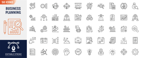 Business planning line icon set. Editable stroke. Containing project management, statistics, continuous, target, strategy, schedule icon. Vector illustration