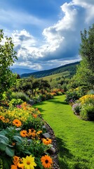 Obraz premium A backyard orchard with a mix of fruit trees, surrounded by wildflowers to attract pollinators and promote biodiversity