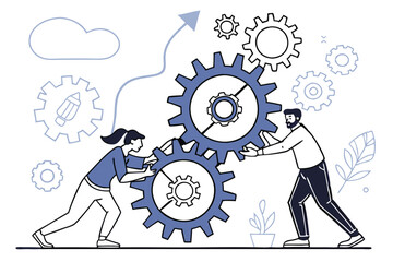 Business teamwork, interconnected gears, collaboration concept, blue monochromatic illustration, flat design, simplified human figures, problem-solving, synergy, machine learning, artificial intellige