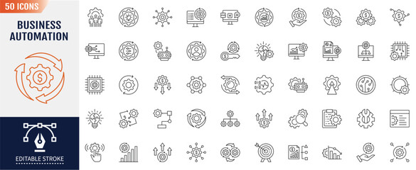 Business automation line icon set. Editable stroke. Containing business process, digital transformation, industry 4.0, productivity, technology, integration icon. Vector illustration