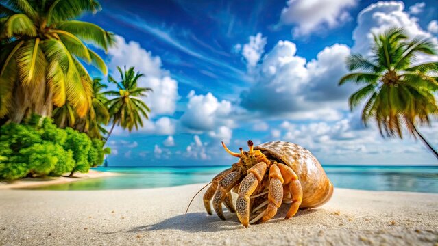 Stunning Hermit Crab on the Pristine Beaches of Ukulhas, Maldives - A Tropical Paradise with Crystal Clear Waters and White Sandy Shores