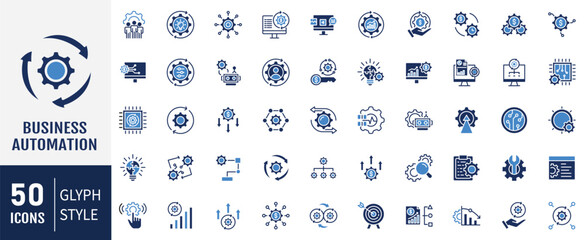 Business automation icon set. Containing icons: Business process, digital transformation, industry 4.0, productivity, technology, integration icon. Vector illustration