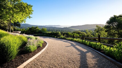 Obraz premium A horseshoeshaped gravel driveway surrounded by native plants and framed by rustic wooden fencing