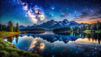 Fototapeta premium Idyllic Night Scenery: Starry Sky Over Tranquil Lake and Mountain Range