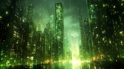 Fototapeta premium Neon Green Cityscape: A futuristic cityscape bathed in vibrant neon green light, showcasing towering skyscrapers and a reflective waterway.