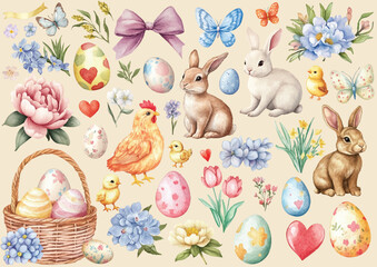 Watercolor illustration set of Easter elements. Hand drawn