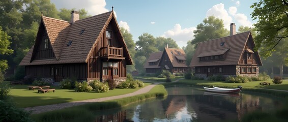 Naklejka premium Wooden houses in Germany with walls covered in folklore
