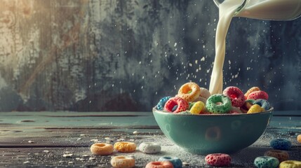 Brightly colored rings are poured with milk in a bowl on a wooden table. Ideal for advertising kids' breakfasts, healthy eating blogs and cooking websites.